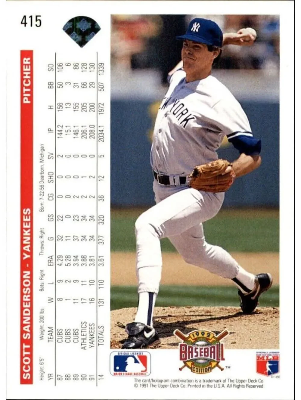 Scott Sanderson 1992 Upper Deck MLB #415 Baseball Card New York Yankees